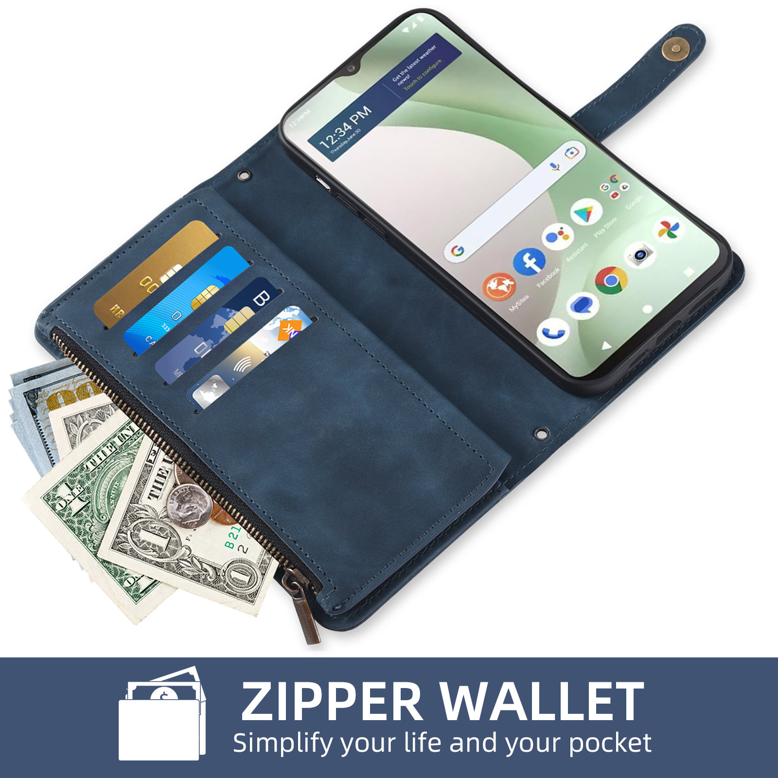 Asuwish Phone Case for Tracfone BLU View 5 B160V Wallet Cover With Tempered Glass Screen Protector Crossbody Wrist Strap Flip Pattern Zipper Card Holder Cell Trac Fone BLUE View5 160V 2024 Women Blue