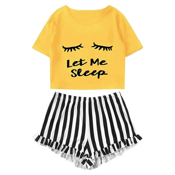 Ensembles de Pyjama pour Femmes Tenue Décontractée Femme T-Shirt à Manches Courtes Hauts Shorts Vêtements de Nuit Ensembles de Pj Jaune P