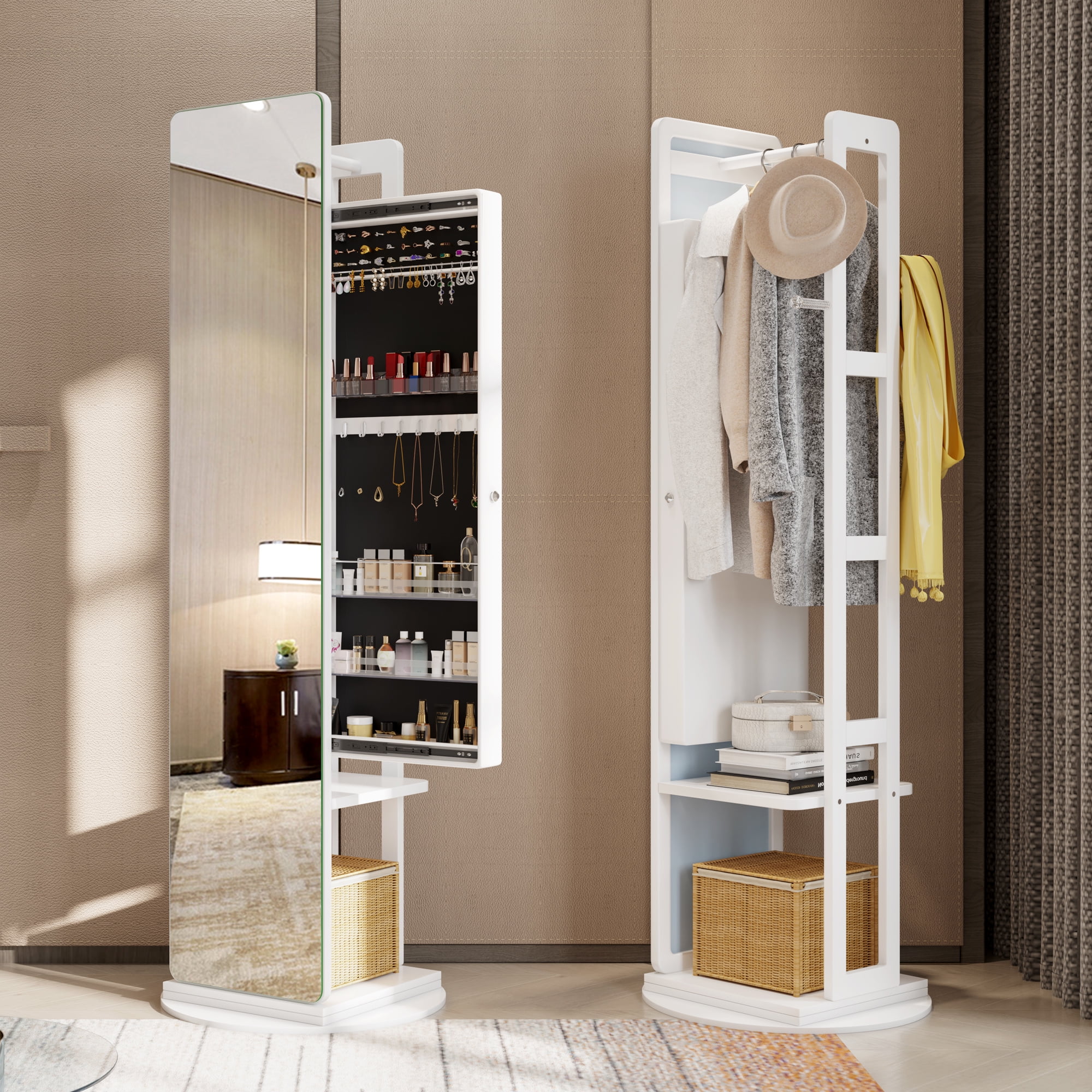 LVSOMT 360°Swivel Full-Length Mirror Jewelry Cabinet Armoire, Touch Screen Full Body Mirror with Jewelry Storage, Large Floor Jewelry Organizer for Bedroom, w/Coat Rack, Shelves(White) - Walmart.com LVSOMT 360°Swivel Full-Length Mirror Jewelry Cabinet Armoire, Touch Screen Full Body Mirror with Jewelry Storage, Large Floor Jewelry Organizer for Bedroom, w/Coat Rack, Shelves(White) - Walmart.com