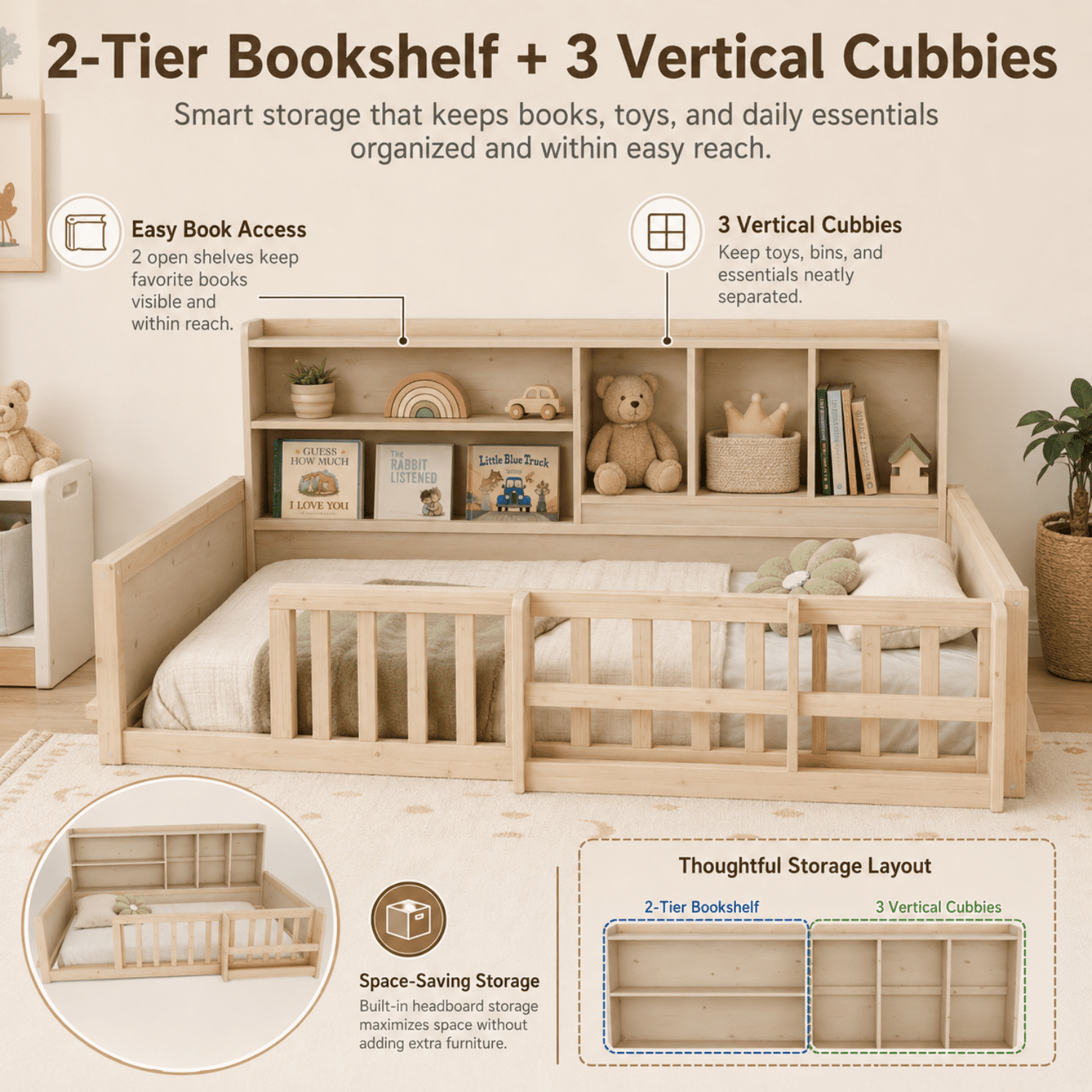 Miniyam Twin Size Floor Bed, Kids Wood Bed Frame with Guardrails, Side Bookshelf, Natural