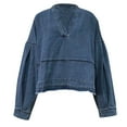 thumbnail image 3 of Womens Denim Tops 2025 Long Sleeve Pullover Trendy Casual V Neck Loose Fit Puff Sleeve Jean Cotton Shirts, 3 of 6