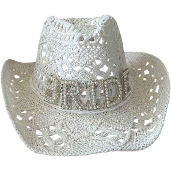 Vjnyvs 1pc Hollow Woven Straw Bride Cowboy Hat White Faux Pearl Rhinestone Decor Bachelorette Party Sun Hat for Wedding Festival