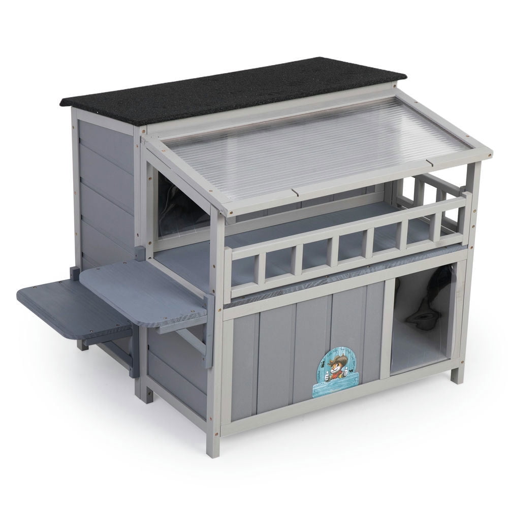 Spaco 2-Tier Wooden Cat House & Enclosure with Jumping Platforms and Play Run, Waterproof Outdoor Cat Cage, Gray