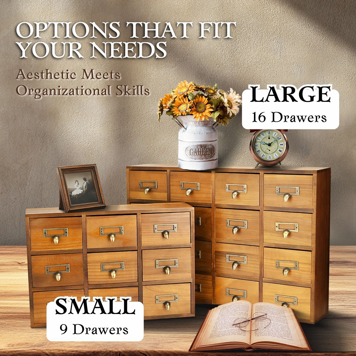 Apothecary Cabinet with Drawers - 16 Vintage Apothecary Drawers Desktop Organizer for Home & Office - Wooden Tabletop Library Card Catalog Cabinet Storage for Jewelry, Makeup & Tools, Brown