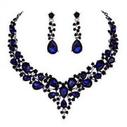 Molie Youfir Bridal Austrian Crystal Necklace and Earrings Jewelry Set Gifts fit with Wedding Dress(Navy Blue)