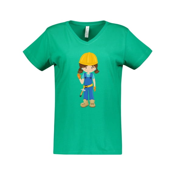 Inktastic Cute Girl, Construction Worker, Brown Hair Women's V-Neck T-Shirt