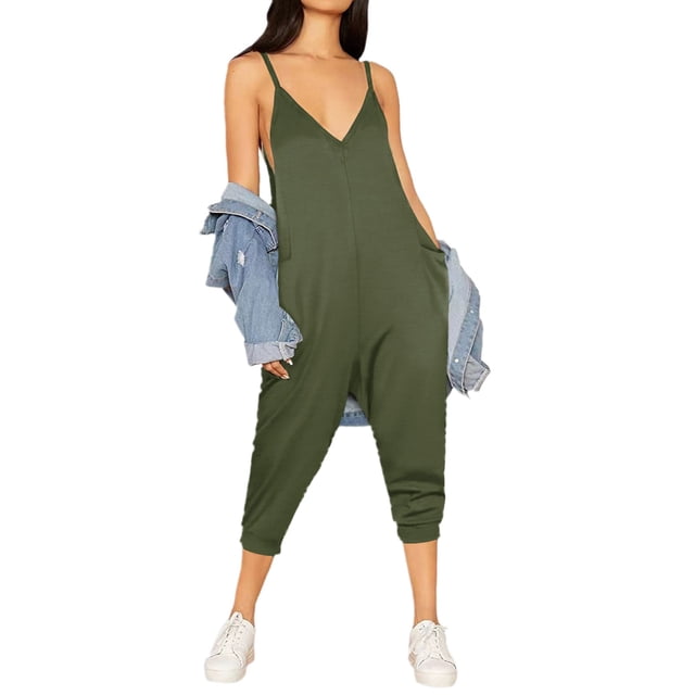 Combinaisons Décontractées pour Femmes Combinaisons Amples Sans Manches Bretelles Spaghetti Réglables Pantalon Grand Long avec Poches Combinaison de Sport Couleur Unie
