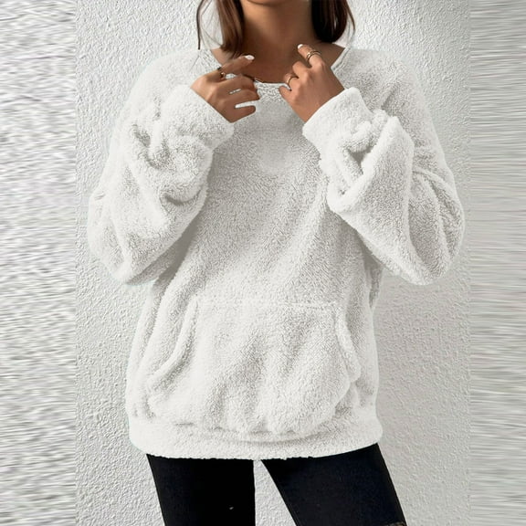 Xdegoge Oversized Fleece Fuzzy Sweatshirt Long Sleeve Crewneck Thick Warm Pullover Soild Color Drop Shoulder Loose Tops 2025 Fall Winter Thermal Fashion Outfits with Pocket Fit Street Home S-Xxl