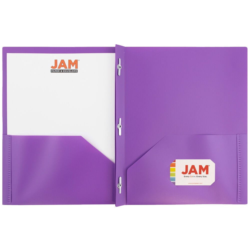 JAM Paper Plastic 2 Pocket POP Folders with Prongs Fastener Clasps, Purple, Bulk 48/Pack