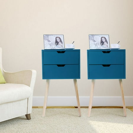 Bed End Storage Jaxpety Set of 2 Nightstand Bedside Table Sofa End Table Bedroom Decor 2 Drawers Storage, Blue ()
