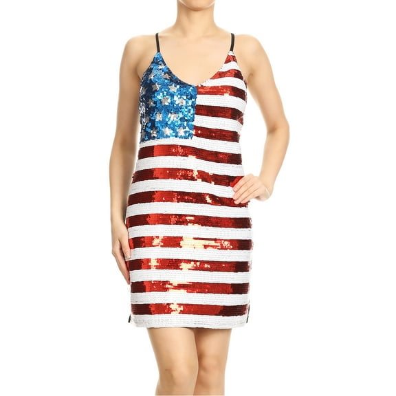 Women's Sexy Glitter Sequins Dress Spaghetti Strap Bodycon Dresses for July Fourth Independence Day Party, Multicolored, XX-Large