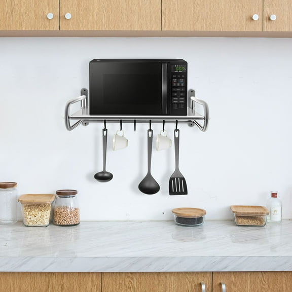 Microwave Stand Stainless Steel with a Wire Drawing Process and Thickened 0.03in Shelving Board 6 Hooks 66.14lbs Loading Capacity Wall-Mount Counter Shelves for Kitchen