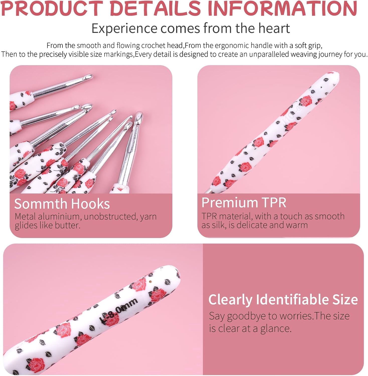 Crochet Hook Set 14Pcs Hand-Rubber Needles 2.25mm(B)-10mm(N) Streamline Hooks for Arthritic Hands Rose Metal Knitting with Storage Case