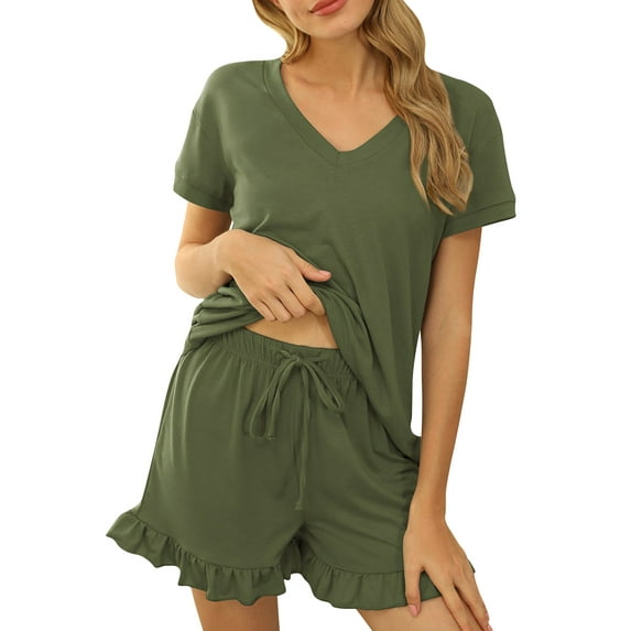 2 Pieces Pajamas Set for Women Short Sleeve Tops and Shorts Pants Sleepwear Nightwear Ladies Summer Loose Comfy Pjs Set Army Green XXL