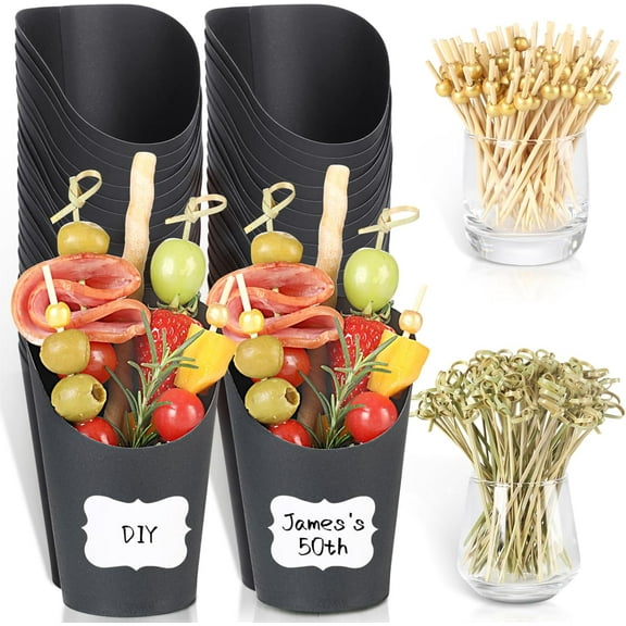 50 (14 oz) Charcuterie Cups   200 Cocktail Picks   50 Labels, Black Disposable Charcuterie Cups with Sticks (2 Types)