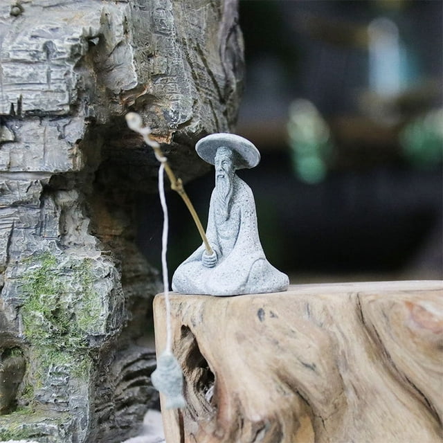 Simulación de pesca, adornos de anciano, jardinería, rocalla, flores, bonsái, paisaje, paisajismo, pesca con caña, pescador, personaje, decoración