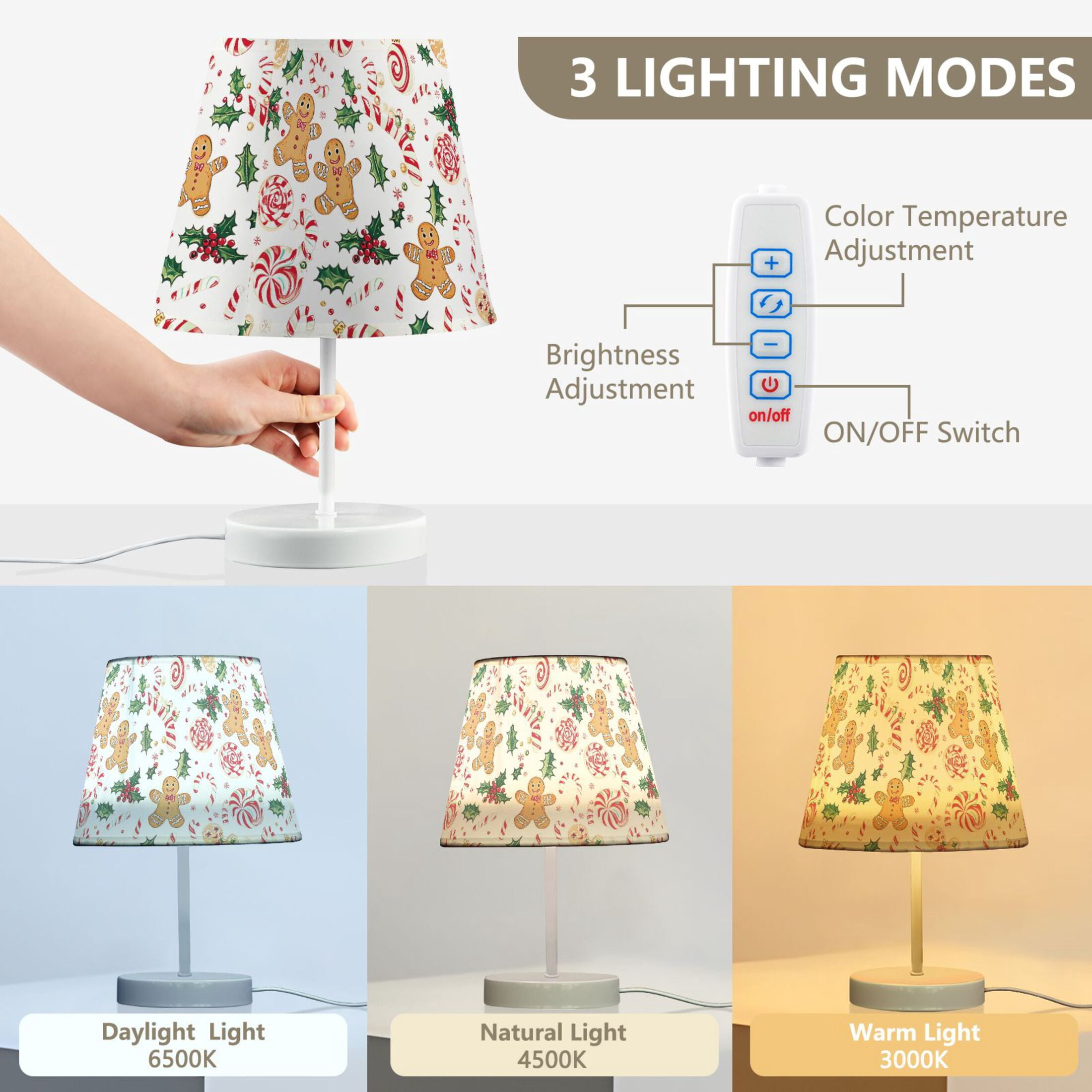 LED Desk Lamp Gingerbread Men Holly Leaves Table Nightstand Lamps with 3 Color Temperatures for Home Bedroom Living Room Decor 6x11