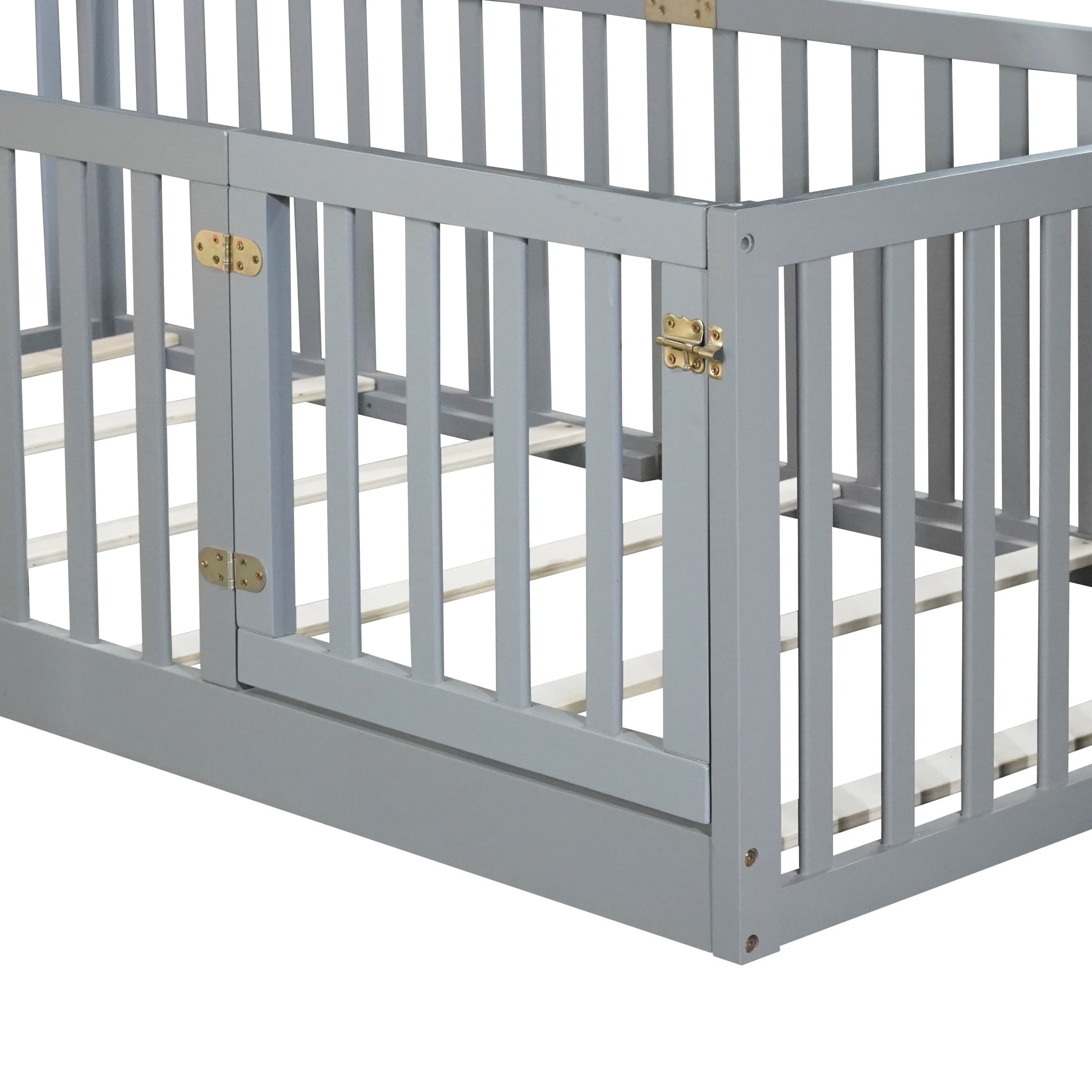 Noble House Nira Twin Floor Bed with High Fence and Door, Rubber Wood Montessori Bed Frame, Kids' Room, Gray