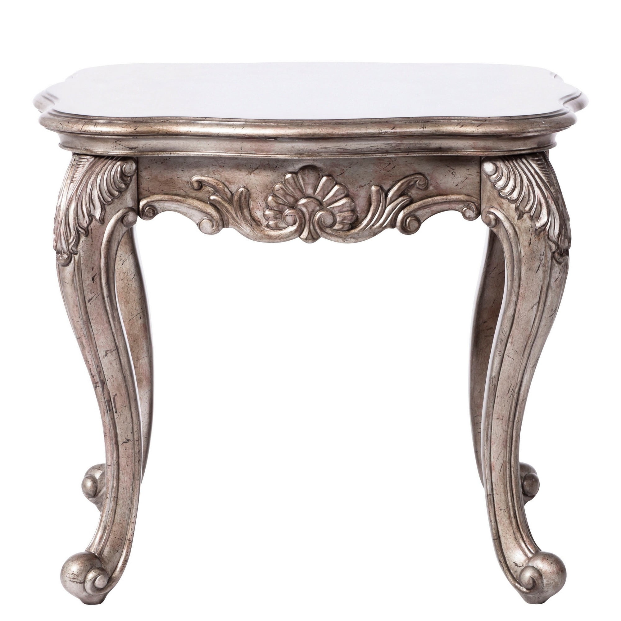 Wooden End Table with Intricately Carved Cabriole Legs, Antique Silver