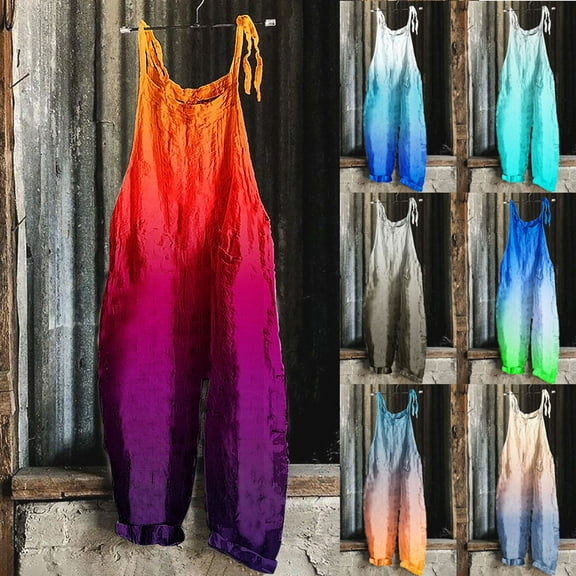 safuny Women's Linend Jumpsuit Pocket Overalls Straight Leg Pants Romper Sleeveless Scoop Neck Holiday Girls Trendy Trousers Casual Comfy Bandage Adjust Gradient Beige S