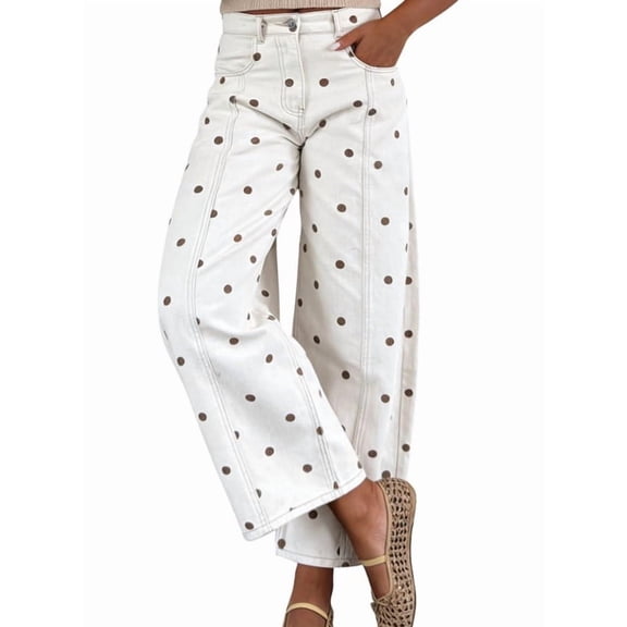 sicmoss Women's White Polka Dot Barrel Jeans Mid Rise Vintage Denim Pants with Pockets