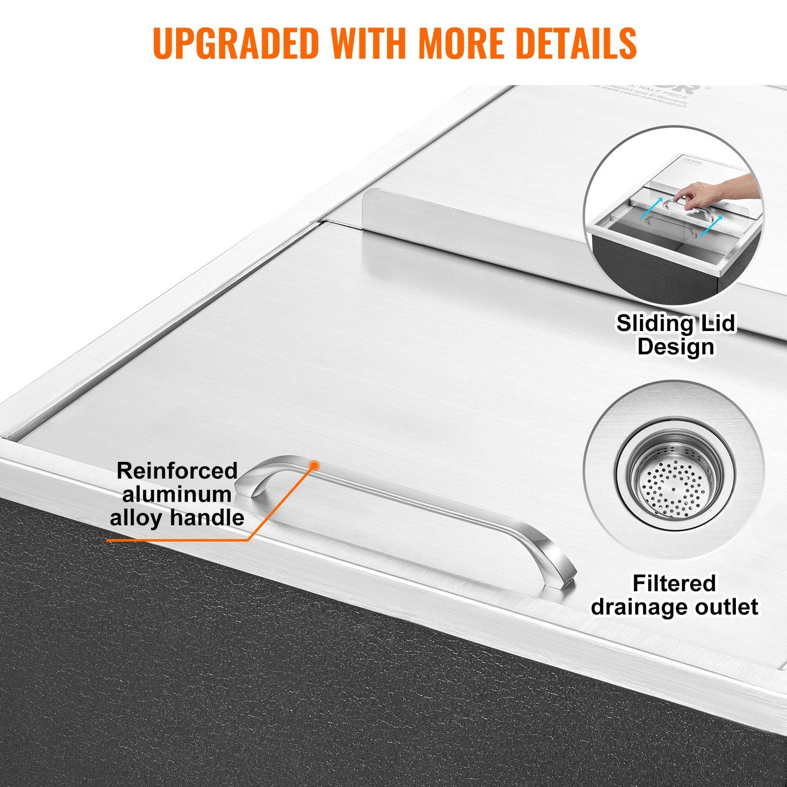 Stainless Steel Ice Chest 40.9 QT, 24"L Commercial Ice Bin with Sliding Cover & Drain Plug, Outdoor Kitchen Cooler for Beer, Wine, Beverages