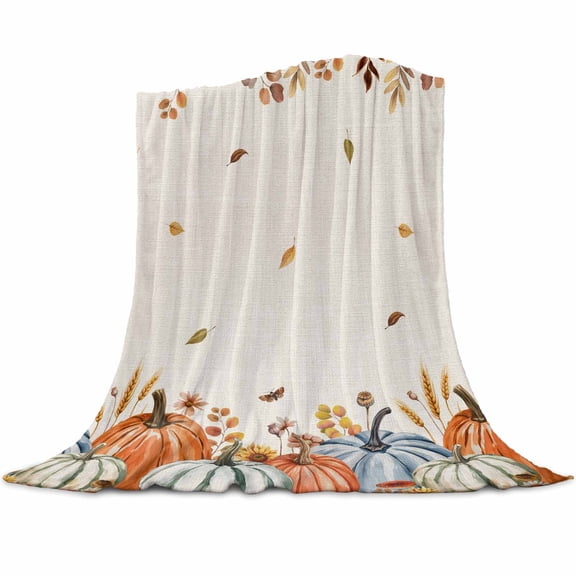 Fall Pumpkin Flannel Blanket for Bed,Travel and Camping, Orange Leaves Thanksgiving Harvest Super Soft Cozy Blanket for All Seasons 40"x50"