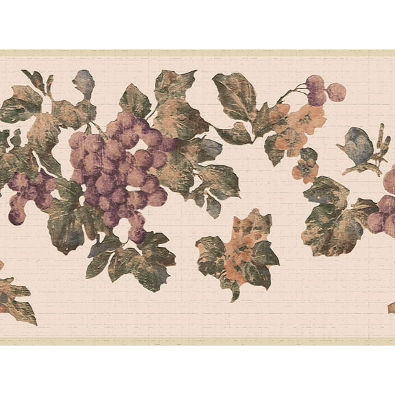 Dundee Deco's Peel and Stick Wallpaper Border - Nature Purple Green Grapes Wall Border Retro Design, 15 ft x 7 in, Self Adhesive