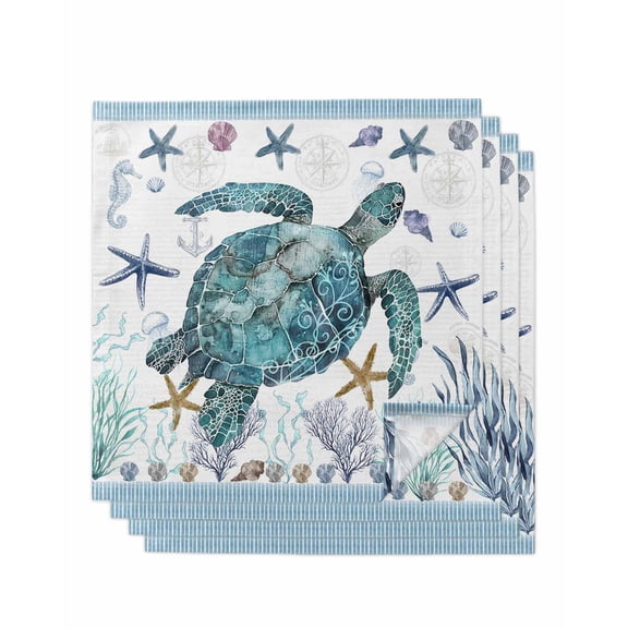 Coastal Turtle Cloth Napkins Set of 4 Reusable Dinner Napkins, Nautical Starfish Coral Jellyfish Stripes Cocktail Napkin Washable Table Napkins for Wedding/Holiday Party/Baby Shower 20"x20"