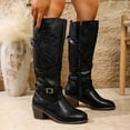 thumbnail image 5 of Women Buckle Knee High Riding Boots Fall Winter Block Heel Motorcycle Knight Long Boot Stylish Low Heel Round Toe Casual Tall Boots, 5 of 8