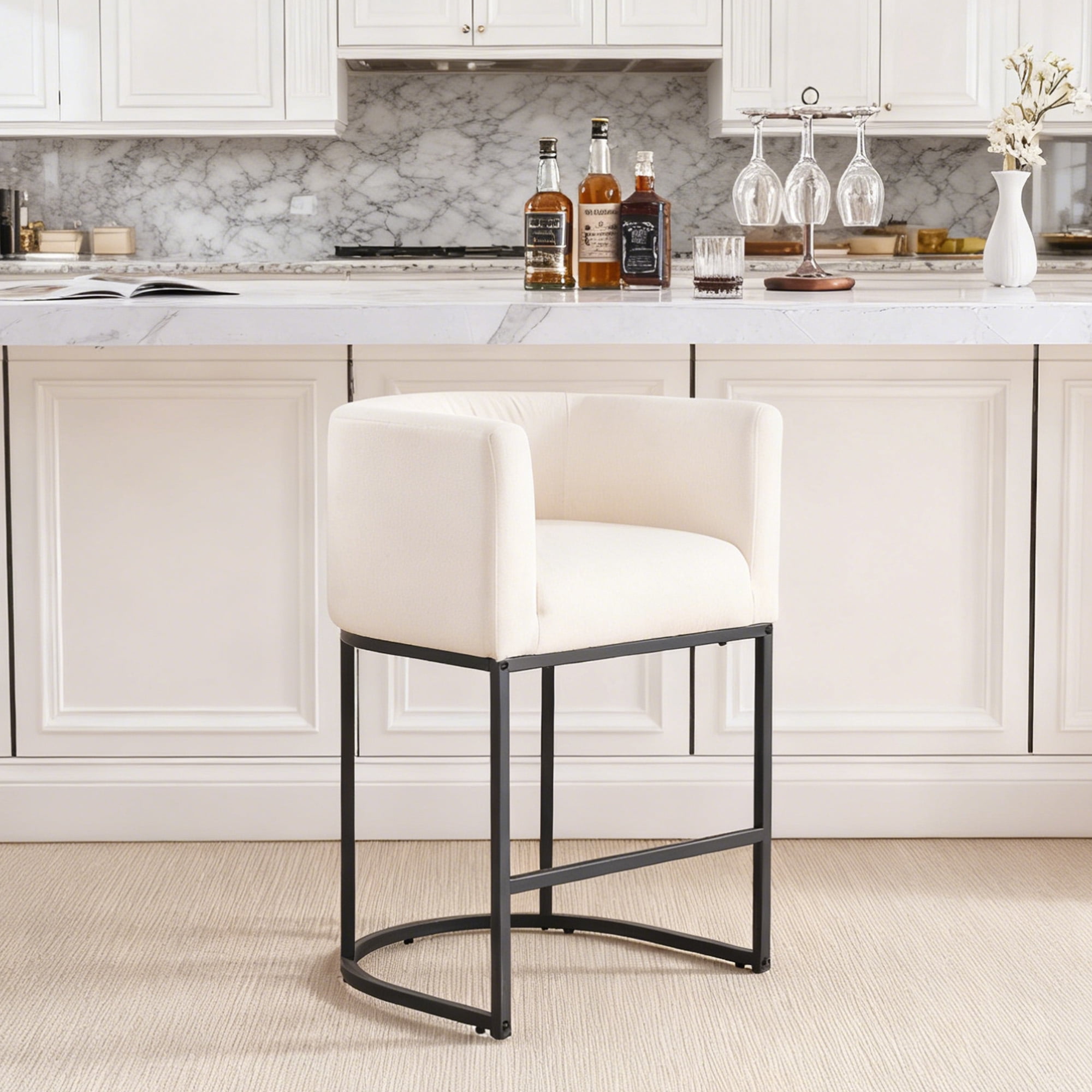 ClinQ Counter Height Bar Stool Set of 1, 26 in Fabric Upholstered Seat, Metal Legs for Indoor Dining Room and Kitchen Island, Beige