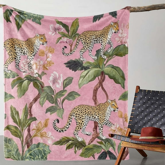 1pc Vintage Style Leopard & Greenery Print Flannel Blanket, Soft Cozy All-Season Knitted Polyester Throw for Sofa, Bed, Office, Camping, Travel - Digital Print, 250-300gsm
