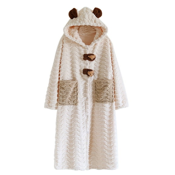 successthop Womens Flannel Robe Fuzzy Loungewear Cute Button Long Winter Hood with Bear Ear Bathrobe with Pocket Beige L