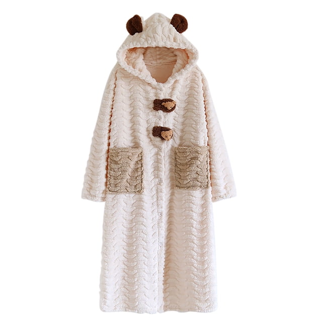 HAiming Robe à Capuche pour Femmes, Peignoir Doux et Mignon, Robe de Chambre Boutonnée, Molleton Duveteux, Tenue d'Intérieur Chaude avec Poches
