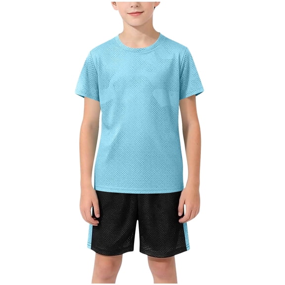 Zwiiyzr Boys Girls Summer Solid Color Short Sleeve Shorts Set 2 Piece Outfit Athletic Running Sportswear Quick Dry Elastic Waist Blue