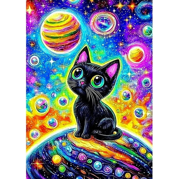 DIY 5D Diamond Painting Kit (For Adults) Diamond Painting "Cat, Colorful Planet" - Full Diamond Crystal Rhinestone Embroidery Craft Kit, Can Be Used as Gift, Wall Decoration