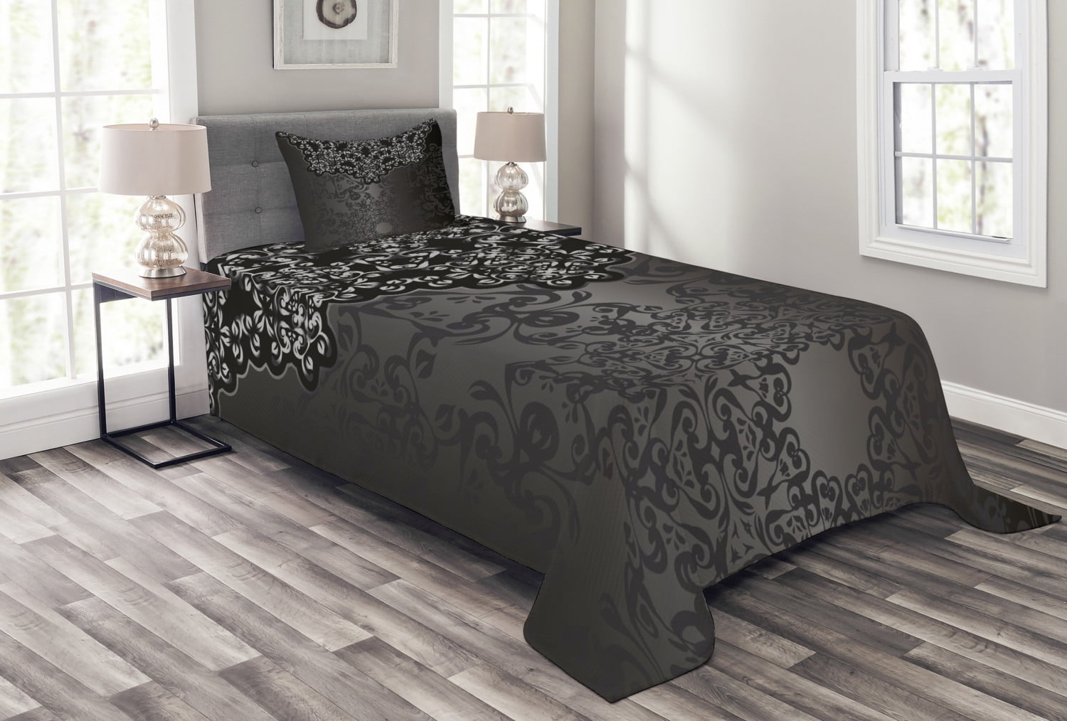 Dark Grey Bedspread Set, Vintage Damask Inspired Ornament Victorian