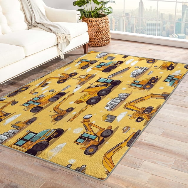 Construction Rugs for Boys Room - 2x3 Rug - Construction Vehicle Rug - Excavator Tractor Area Rug - Kids Boys Rugs - Yellow Car Carpet
