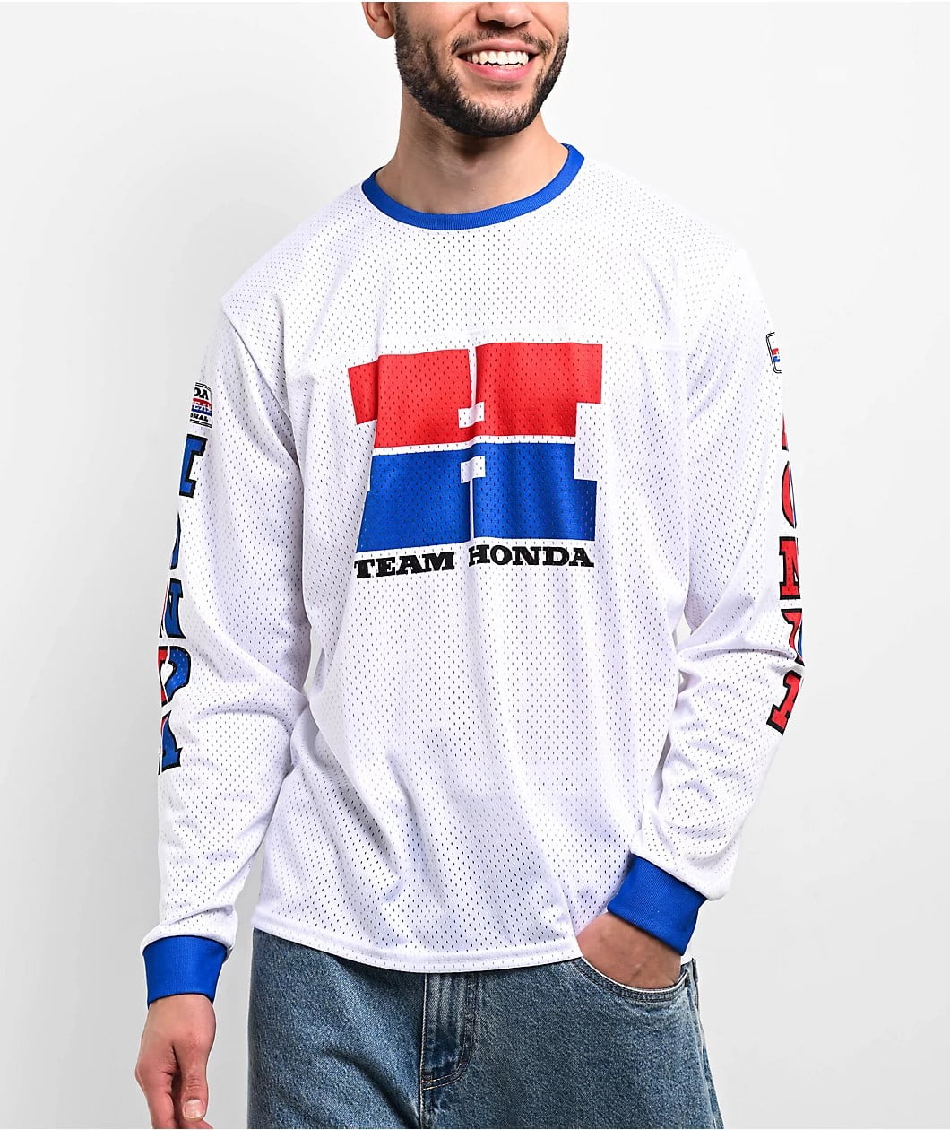 Honda Racing Men's Alpha White Long Sleeve Crewneck Mesh Jersey Shirt (Large, White)