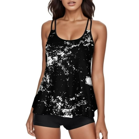2 Piece Swimsuit for Women Tank with Boyshorts Flowy Top Tankinis Set Black Bathing Suits for Women XL