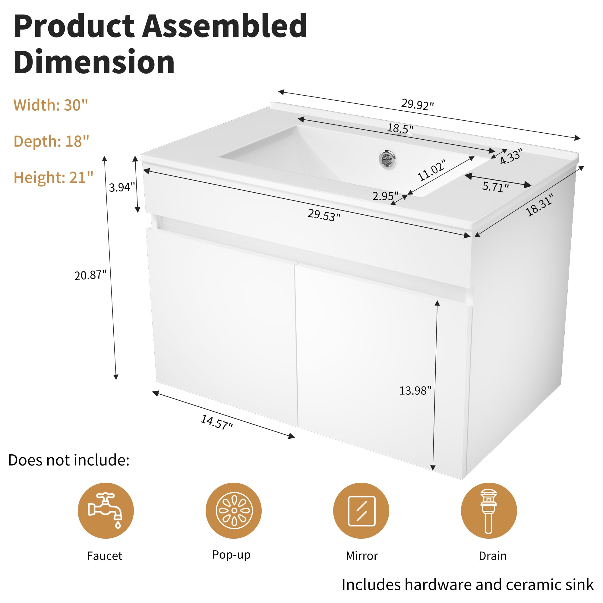Ainfox 30" W Wall Mounted Bathroom Vanity with Ceramic Top and Sink, Storage Cabinet