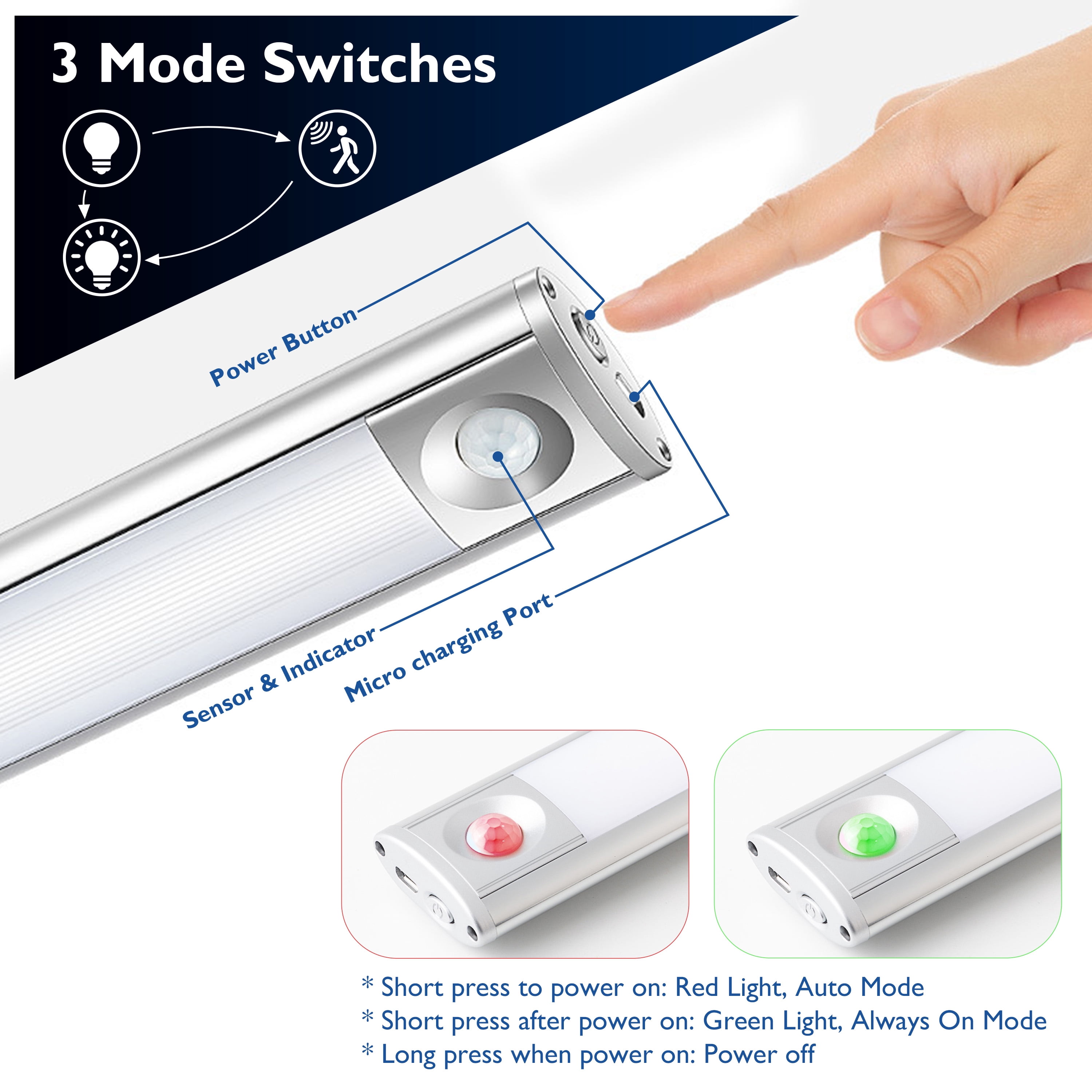 3 PK Motion Sensor LED Light for Under Cabinet Closet Kitchen Wardrobe 6500K Rechargeable Battery Powered Long 17 inch Length Aluminum Body (MLG-1042CL)