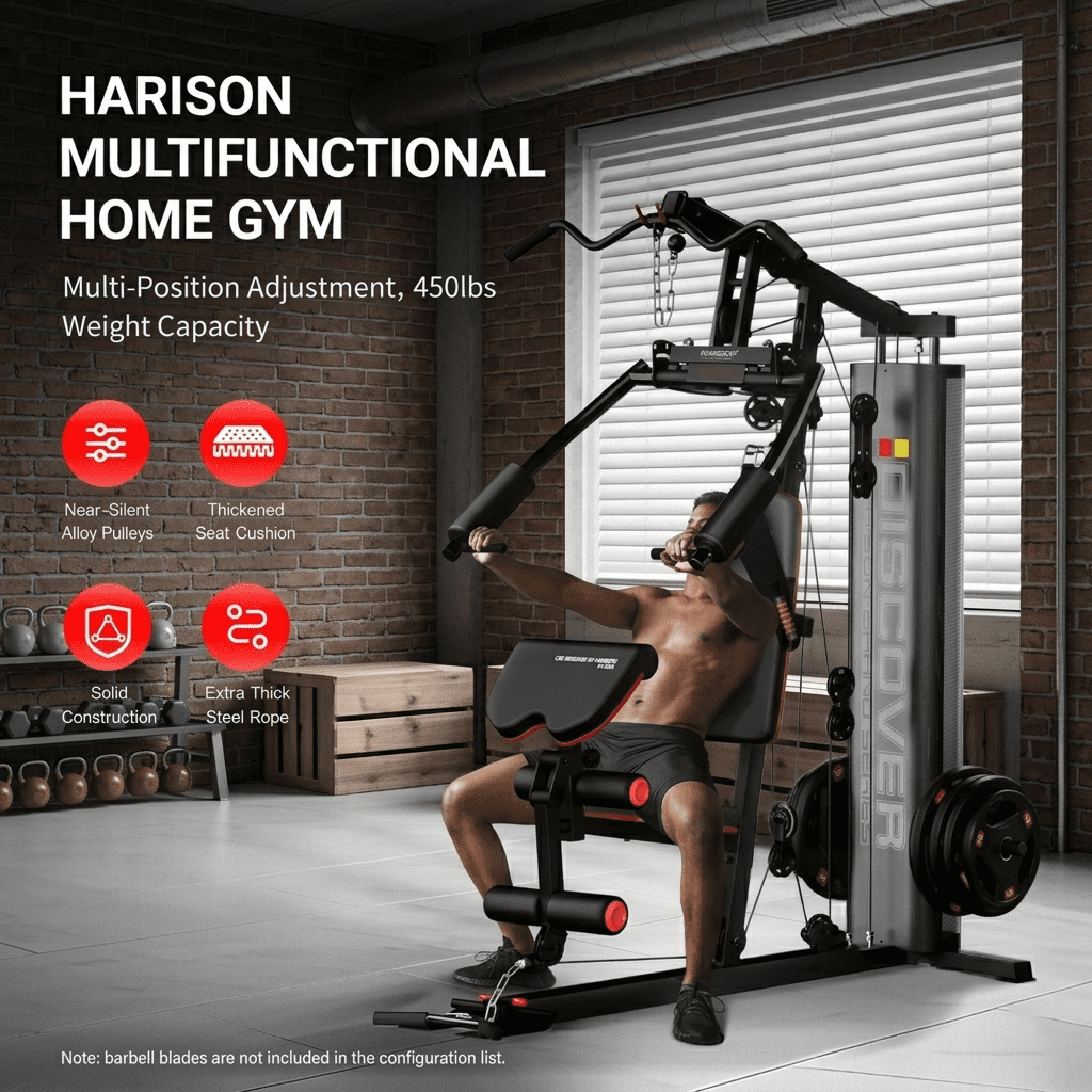 HARISON Home Gym - Full Body Workout Equipment, Exercise Equipment with 450lbs, Multifunctional Home Gym Equipment for Home with Pulley System, Weight Bench, Rowing Machine