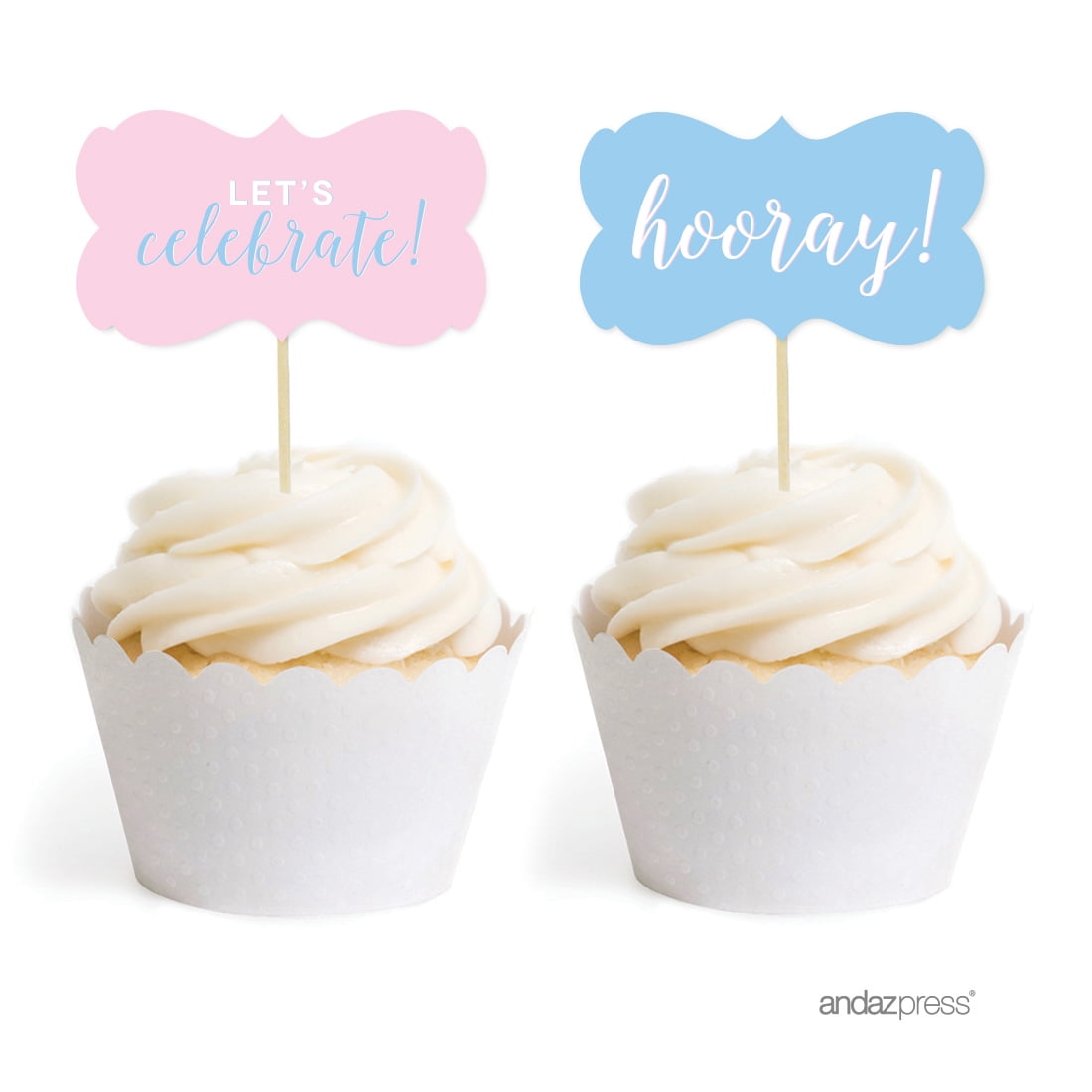 Signature Pink and Blue Gender Reveal Baby Shower, Fancy Frame Cupcake Toppers, 18-Pack