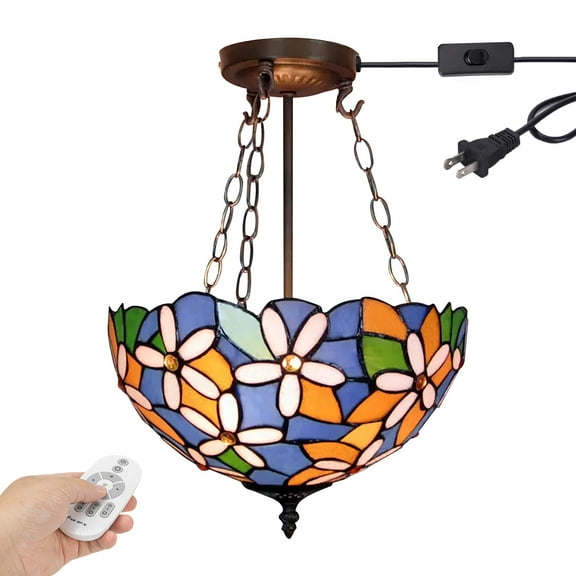 Kiven 11.8in Plug-in Flush Mount Ceiling Light Fixture, 2-Light Anti Glare Close to Ceiling Light with 15FT Cord, Tiffany-Style Glass Chandelier Dimmable for Bedroom Kitchen Foyer(No.3231)