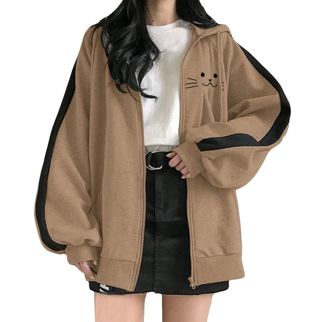 HNMKIU Sweat à Col Rond pour Femmes, Chandail à Capuchon à Fermeture à Glissière Mode Surdimensionné, Chandails à Capuchon Simples Confortables, Chandails en Molleton Grande Taille, Vestes Mignonnes pour Adolescentes