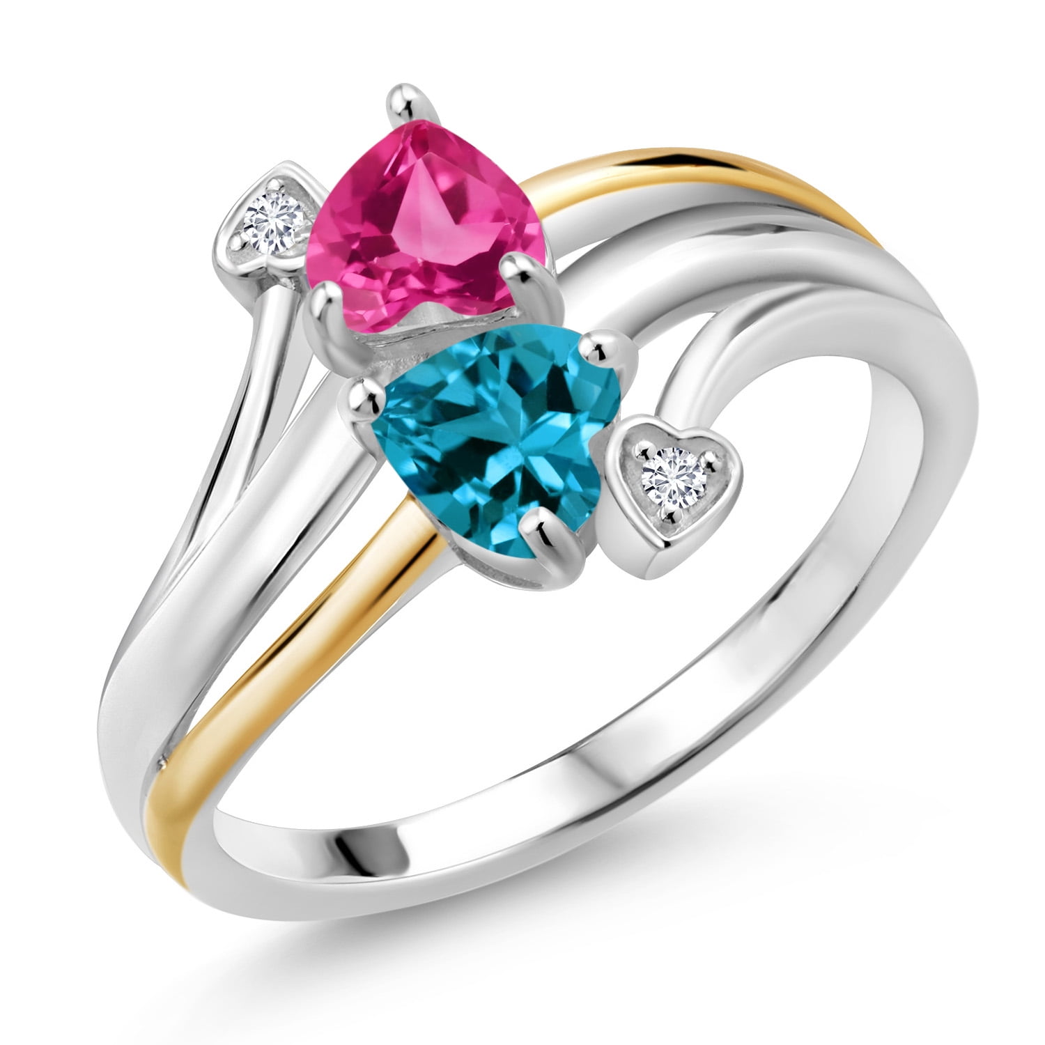 Gem Stone King 925 Silver and 10K Yellow Gold Pink Created Sapphire London Blue Topaz and Lab Grown Diamond 2 Heart Promise Couple Engagement Mother Ring (1.17 Cttw, Size 6)