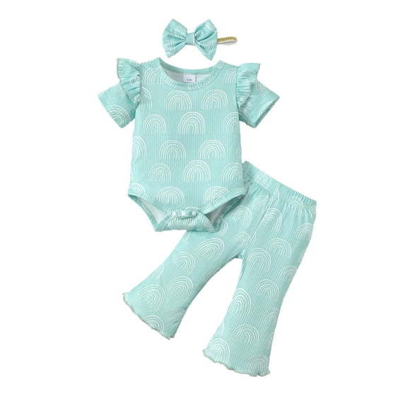 Kucnuzki Infant Baby Girls Summer Clothes 12-18 Months Casual Outfits Ruffle Short Sleeves Bodysuit Top Rainbow Flared Pants Sets with Headband 3pcs Green