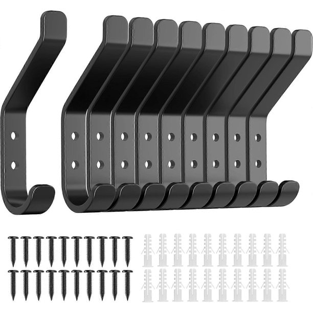 10-Pack Wall Hooks for Hanging Coat: 10KG Metal Strong Hook with Screw, Individual Hangers for Clothes Towel, for Bathroom Door, Black 10cm