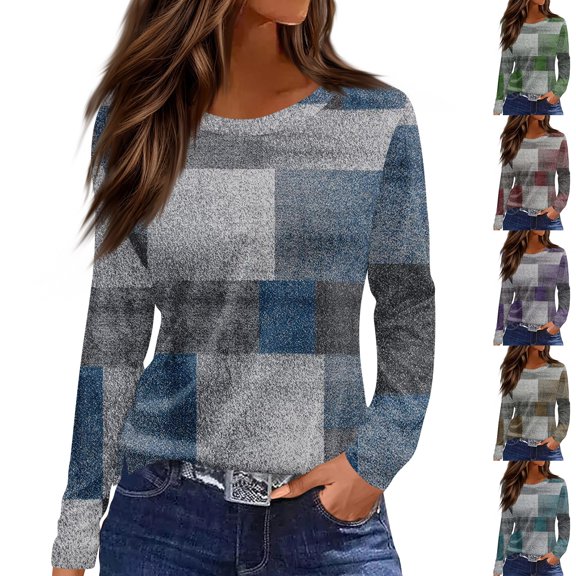 Sweaters for Women Long Sleeve Tops Round Neck Loose Casual Blouses Cyan 3XL
